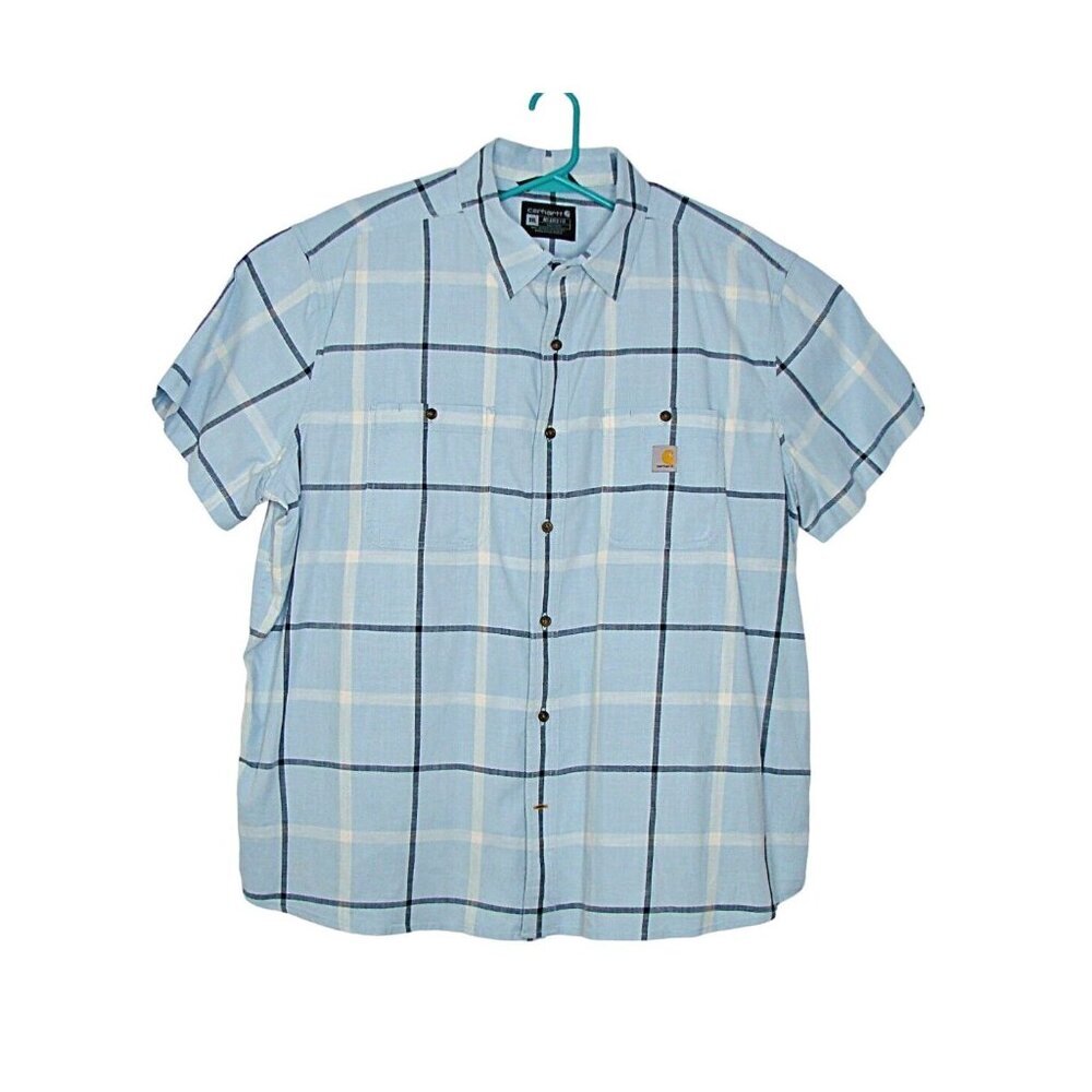 Carhartt Mens Shirt Blue Plaid Short Sleeve Button Up Pockets Size XXL TW-5701M